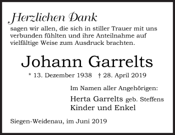 Traueranzeige von Johann Garrelts von Siegener Zeitung