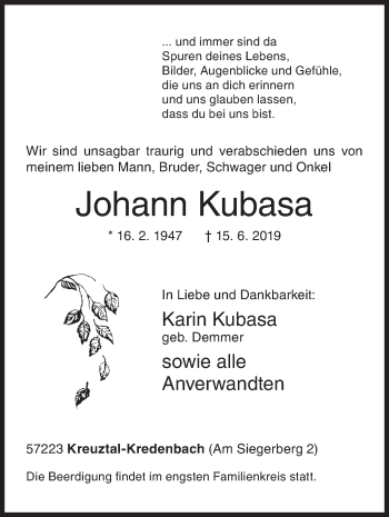 Traueranzeige von Johann Kubasa von Siegener Zeitung