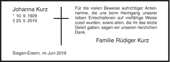 Traueranzeige von Johanna Kurz von Siegener Zeitung