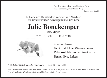 Traueranzeige von Julie Bonekemper von Siegener Zeitung