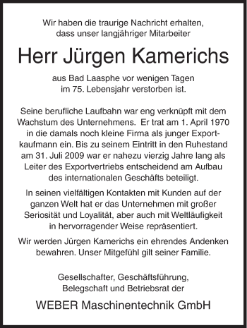 Traueranzeige von Jürgen Kamerichs von Siegener Zeitung