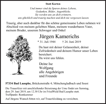 Traueranzeige von Jürgen Kamerichs von Siegener Zeitung