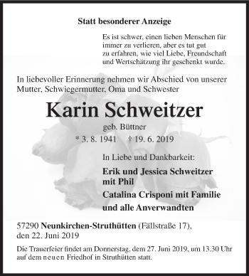 Traueranzeige von Karin Schweitzer von Siegener Zeitung