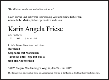 Traueranzeige von Karin Angela Friese von Siegener Zeitung