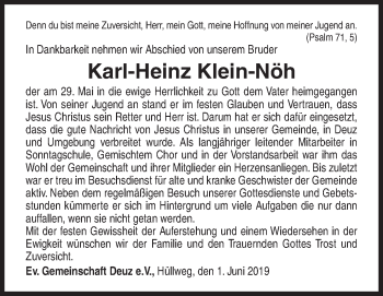 Traueranzeige von Karl-Heinz Klein-Nöh von Siegener Zeitung