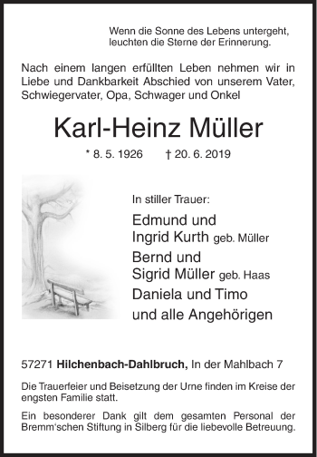 Traueranzeige von Karl-Heinz Müller von Siegener Zeitung