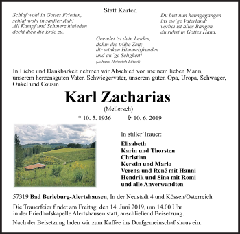 Traueranzeige von Karl Zacharias von Siegener Zeitung