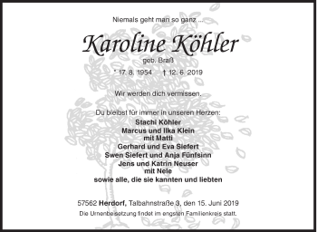 Traueranzeige von Karoline Köhler von Siegener Zeitung