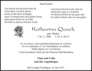 Traueranzeige von Katharina Quack von Siegener Zeitung