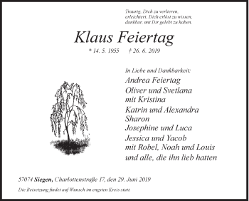 Traueranzeige von Klaus Feiertag von Siegener Zeitung
