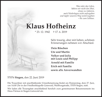 Traueranzeige von Klaus Hofheinz von Siegener Zeitung