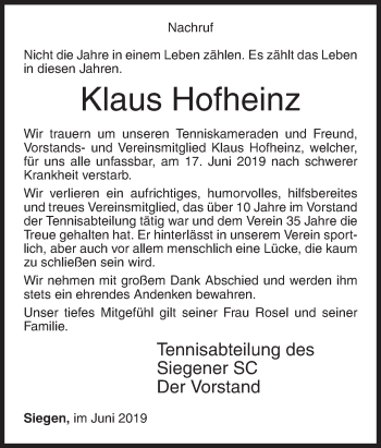 Traueranzeige von Klaus Hofheinz von Siegener Zeitung