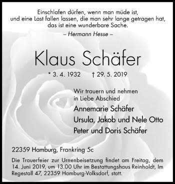 Traueranzeige von Klaus Schäfer von Siegener Zeitung