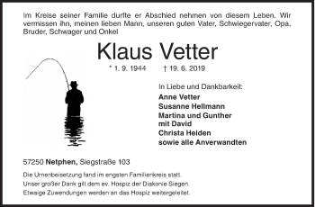 Traueranzeige von Klaus Vetter von Siegener Zeitung