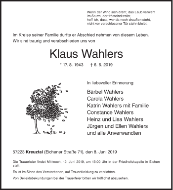 Traueranzeige von Klaus Wahlers von Siegener Zeitung