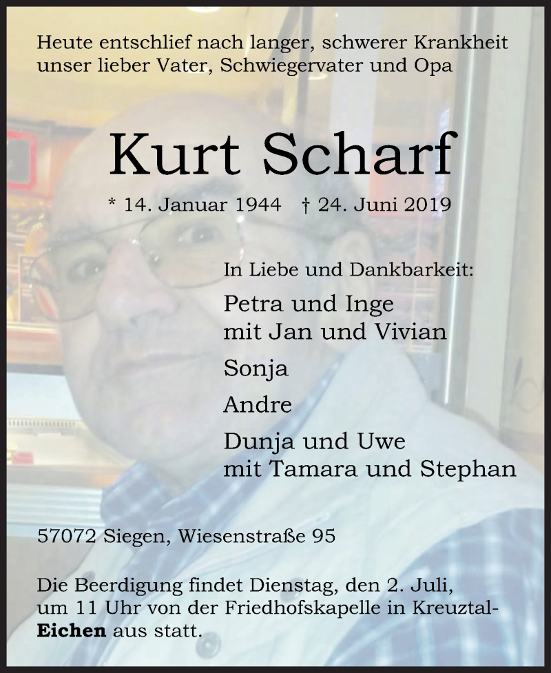  Traueranzeige für Kurt Scharf vom 29.06.2019 aus Siegener Zeitung