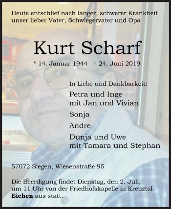 Traueranzeige von Kurt Scharf von Siegener Zeitung