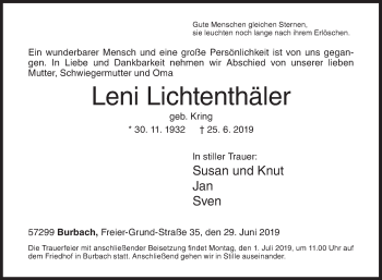 Traueranzeige von Leni Lichtenthäler von Siegener Zeitung