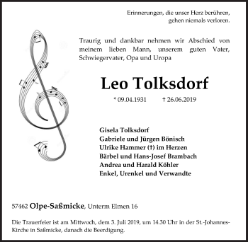 Traueranzeige von Leo Tolksdorf von Siegener Zeitung