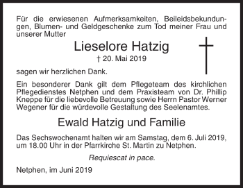 Traueranzeige von Lieselore Hatzig von Siegener Zeitung