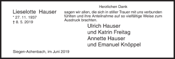 Traueranzeige von Lieselotte Hauser von Siegener Zeitung