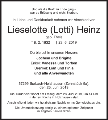 Traueranzeige von Lieselotte Heinz von Siegener Zeitung