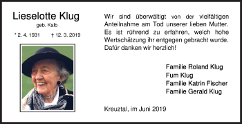 Traueranzeige von Lieselotte Klug von Siegener Zeitung
