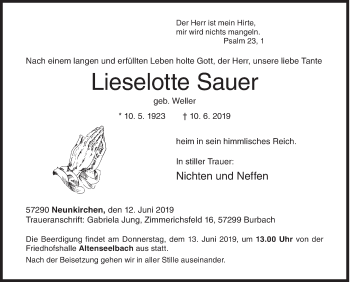 Traueranzeige von Lieselotte Sauer von Siegener Zeitung
