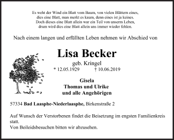 Traueranzeige von Lisa Becker von Siegener Zeitung