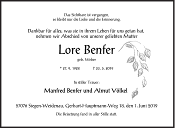 Traueranzeige von Lore Benfer von Siegener Zeitung