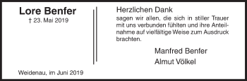 Traueranzeige von Lore Benfer von Siegener Zeitung