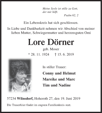 Traueranzeige von Lore Dörner von Siegener Zeitung
