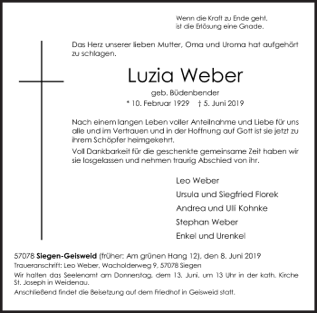 Traueranzeige von Luzia Weber von Siegener Zeitung