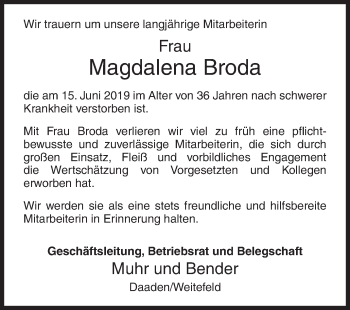 Traueranzeige von Magdalena Broda von Siegener Zeitung
