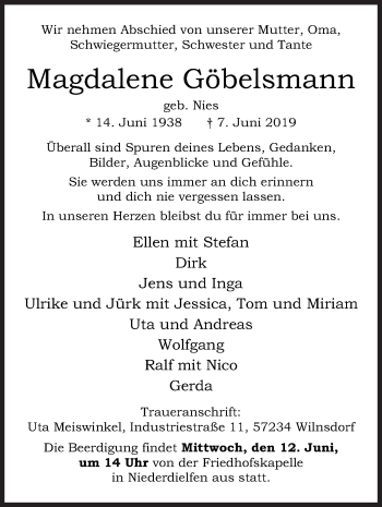 Traueranzeige von Magdalene Göbelsmann von Siegener Zeitung