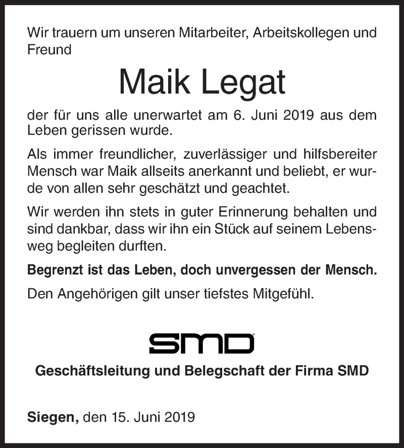  Traueranzeige für Maik Legat vom 15.06.2019 aus Siegener Zeitung
