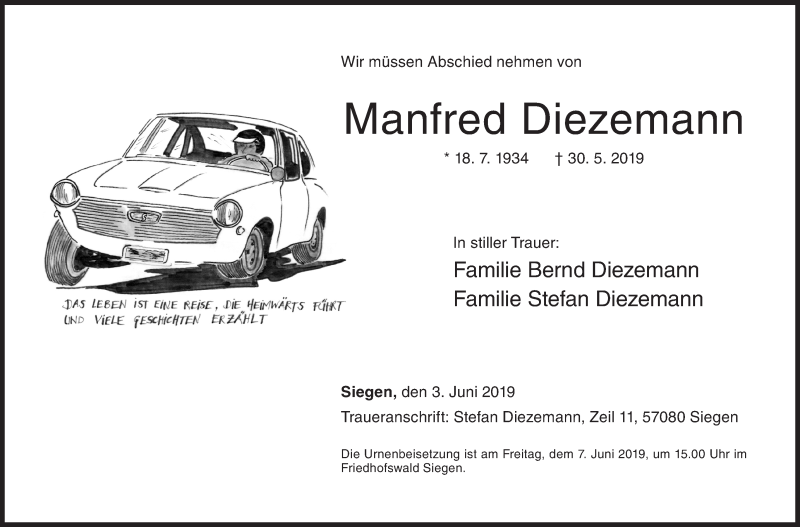  Traueranzeige für Manfred Diezemann vom 03.06.2019 aus Siegener Zeitung