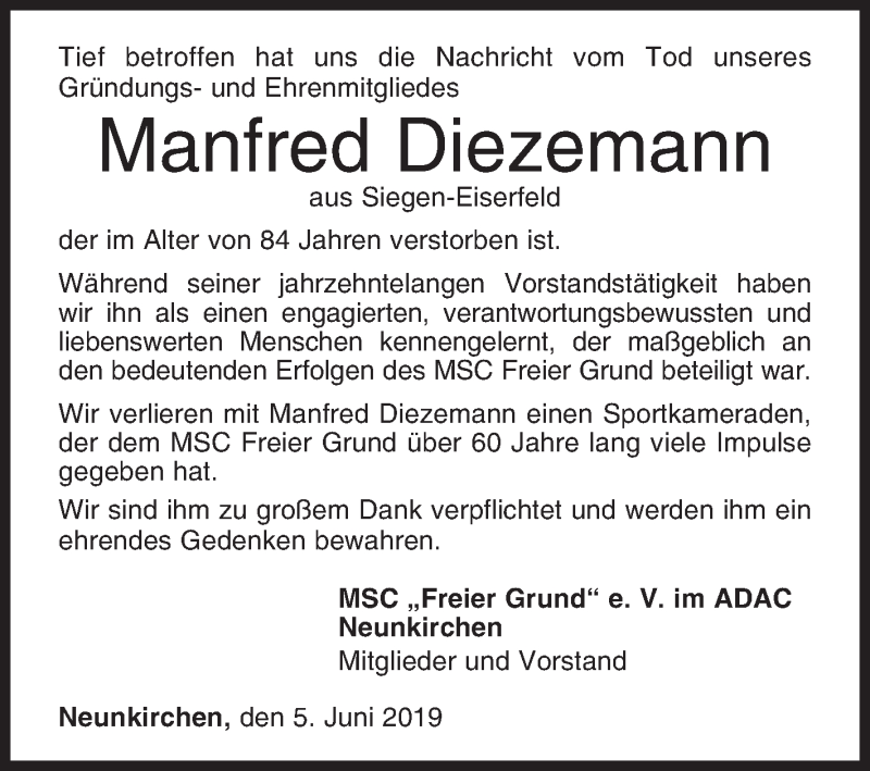  Traueranzeige für Manfred Diezemann vom 05.06.2019 aus Siegener Zeitung