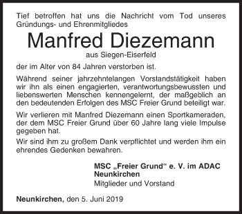 Traueranzeige von Manfred Diezemann von Siegener Zeitung