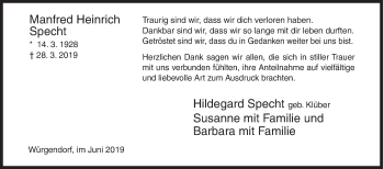 Traueranzeige von Manfred Heinrich Specht von Siegener Zeitung