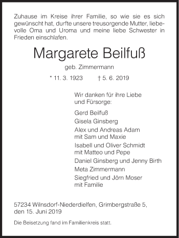 Traueranzeige von Margarete Beilfuß von Siegener Zeitung
