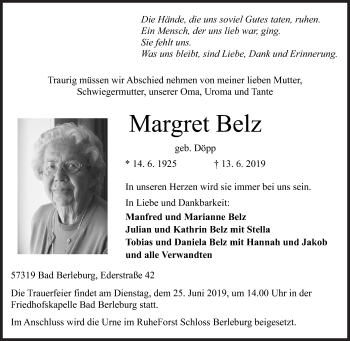 Traueranzeige von Margret Belz von Siegener Zeitung
