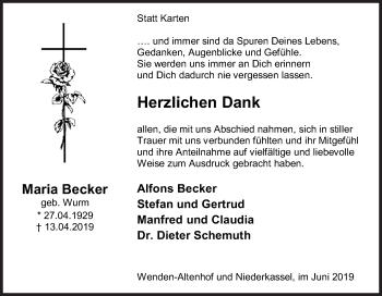 Traueranzeige von Maria Becker von Siegener Zeitung