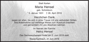 Traueranzeige von Maria Hensel von Siegener Zeitung