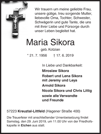 Traueranzeige von Maria Sikora von Siegener Zeitung