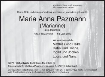 Traueranzeige von Maria Anna Pazmann von Siegener Zeitung