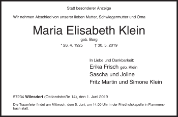 Traueranzeige von Maria Elisabeth Klein von Siegener Zeitung