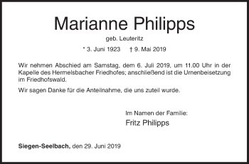 Traueranzeige von Marianne Philipps von Siegener Zeitung