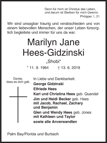 Traueranzeige von Marilyn Jane Hees-Gidzinski von Siegener Zeitung