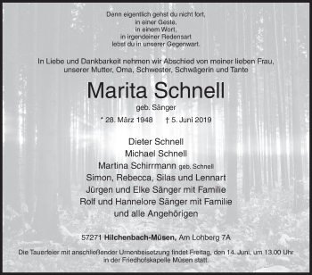 Traueranzeige von Marita Schnell von Siegener Zeitung